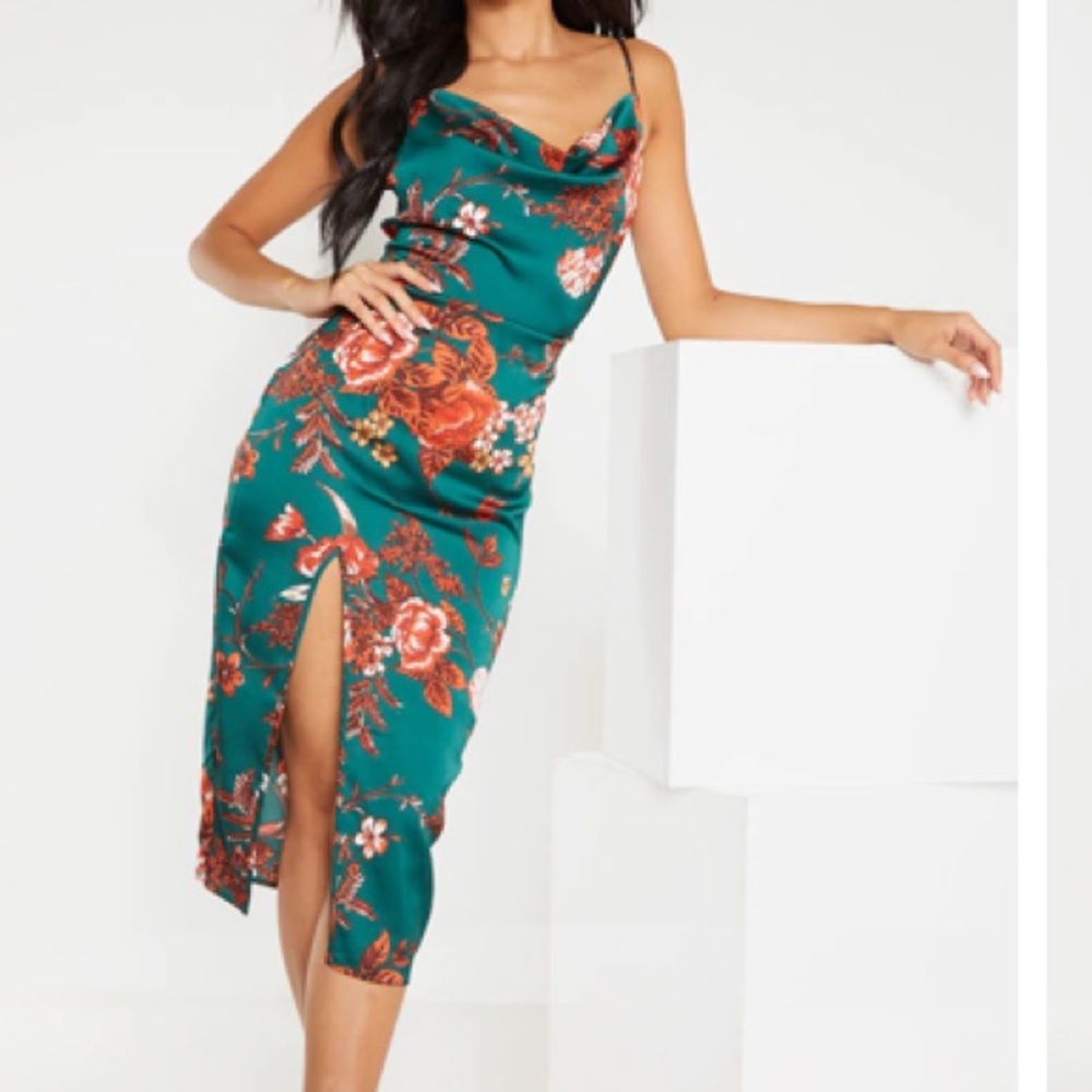 Pretty Little Thing Emerald Green Floral Strappy Satin Cowl Midi Dress